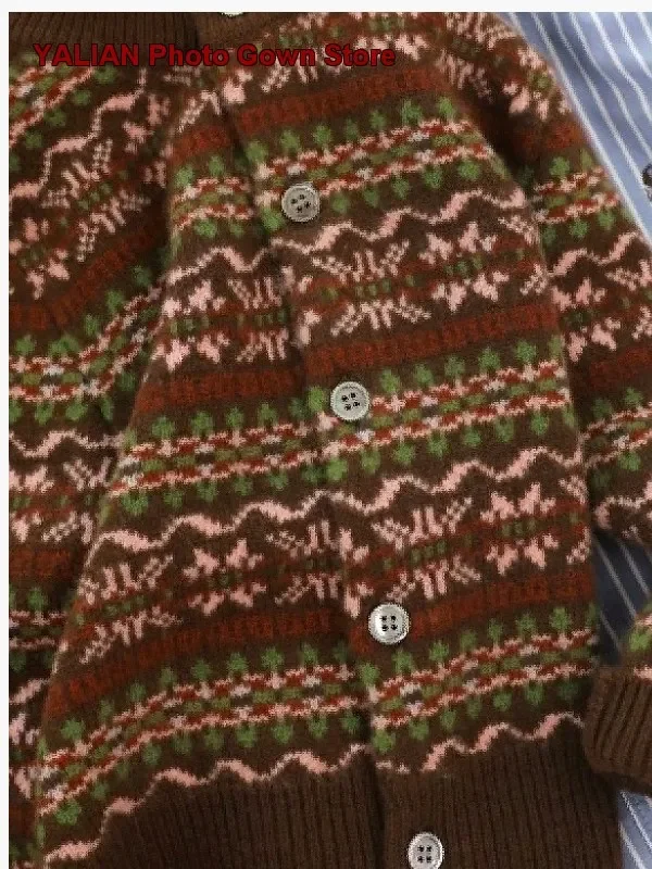 Fair Isle Cashmere Cardigan Boys Girls Newborn Toddler Round Neck Coffee Color Thickened Warm Coat for Autumn Winter Kids