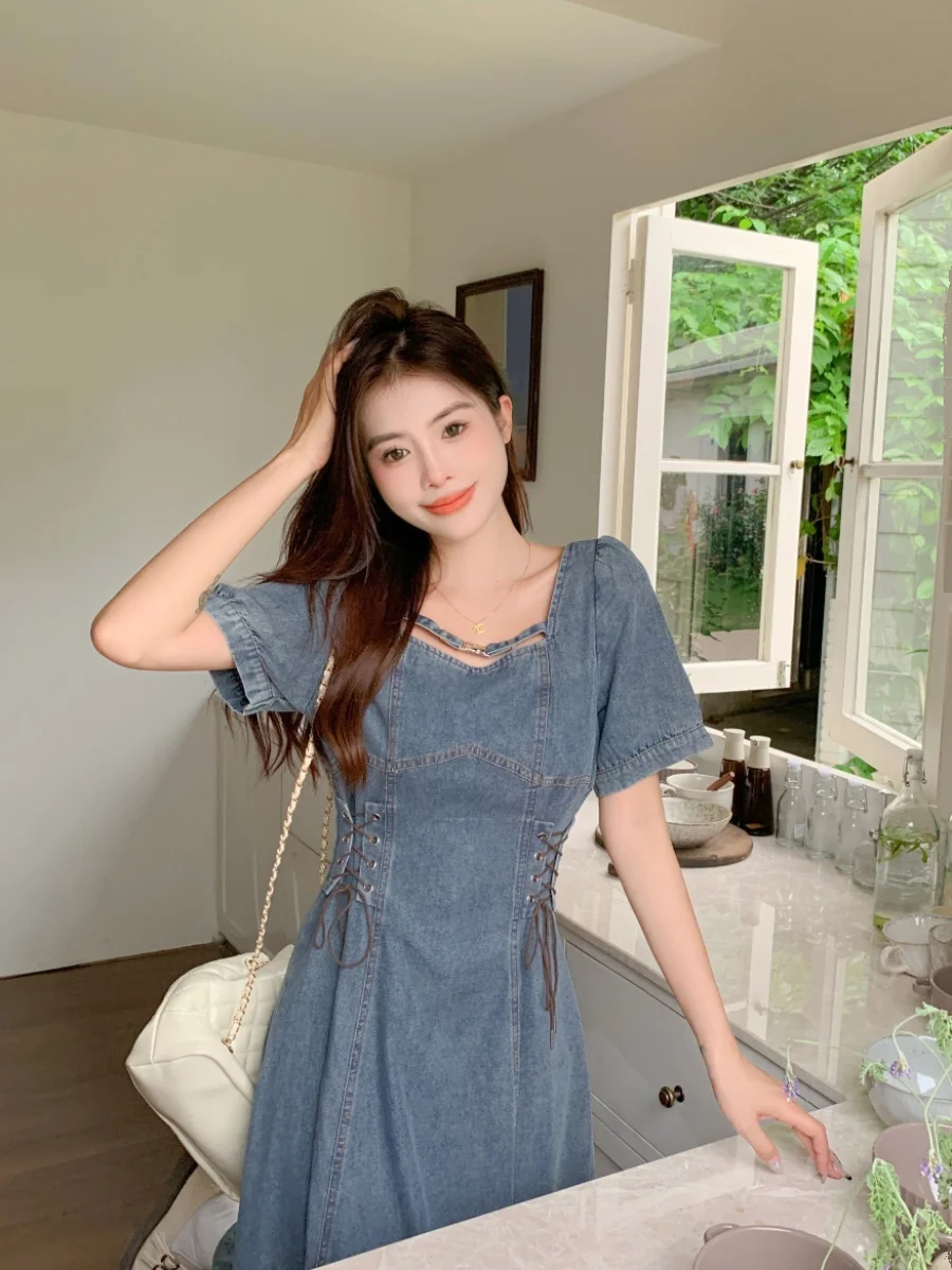 エレガントな薄いデニム半袖ドレス女性の夏大きいサイズ脂肪 MM ウエストシンチ腹カバーロングスクエアカラースカート