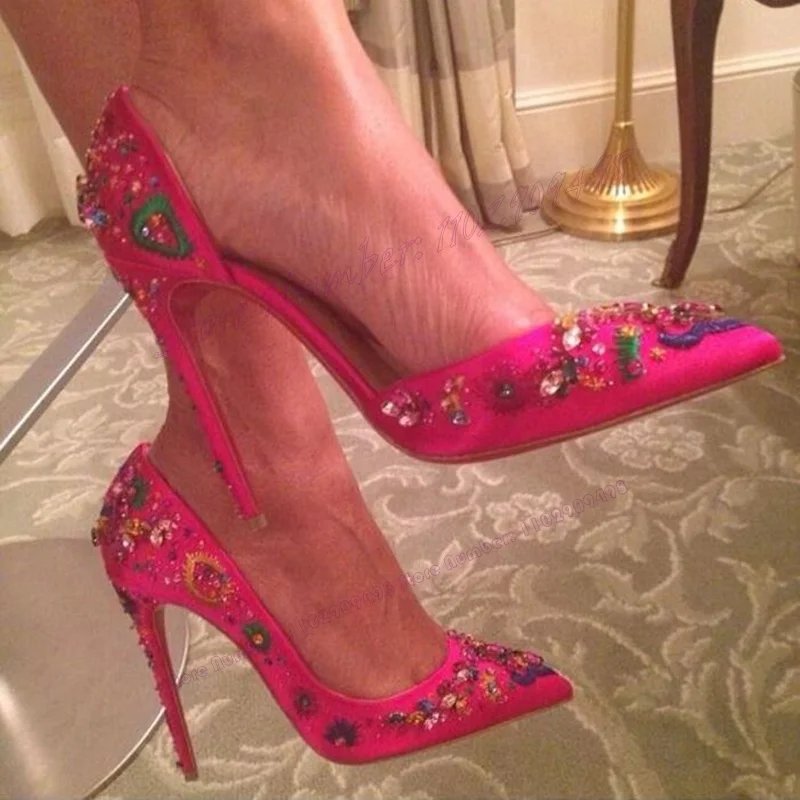 

Red Embroidery Crystal Decor Satin Pumps Shallow Pointy Toe Shoes for Women Thin High Heels Party Shoes 2023 Zapatos Para Mujere