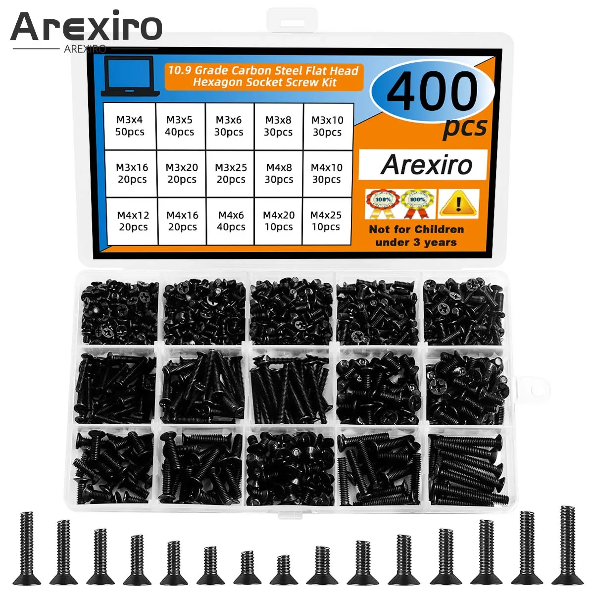 125/220/400PCS M3 M4 Carbon Steel Flat Head Phillips Bolts Assortment Kit for 3D Printers Electronics Machinery DIY Projects
