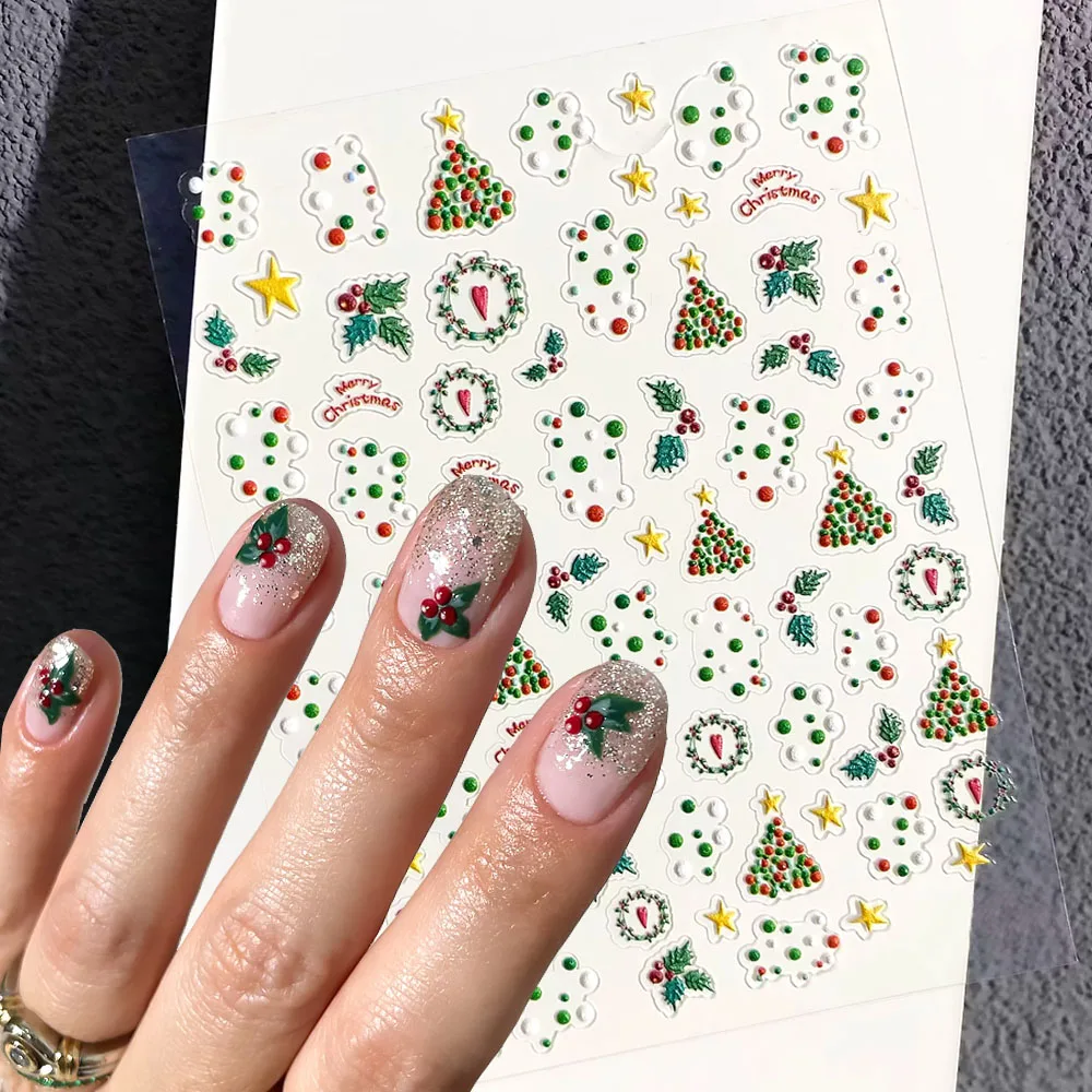 6pcs Christmas Cartoon Star Nail Art Stickers Gingerbread Man Snowflake Elk Nail Decals Sliders Relief Bowknot Nail Accessories