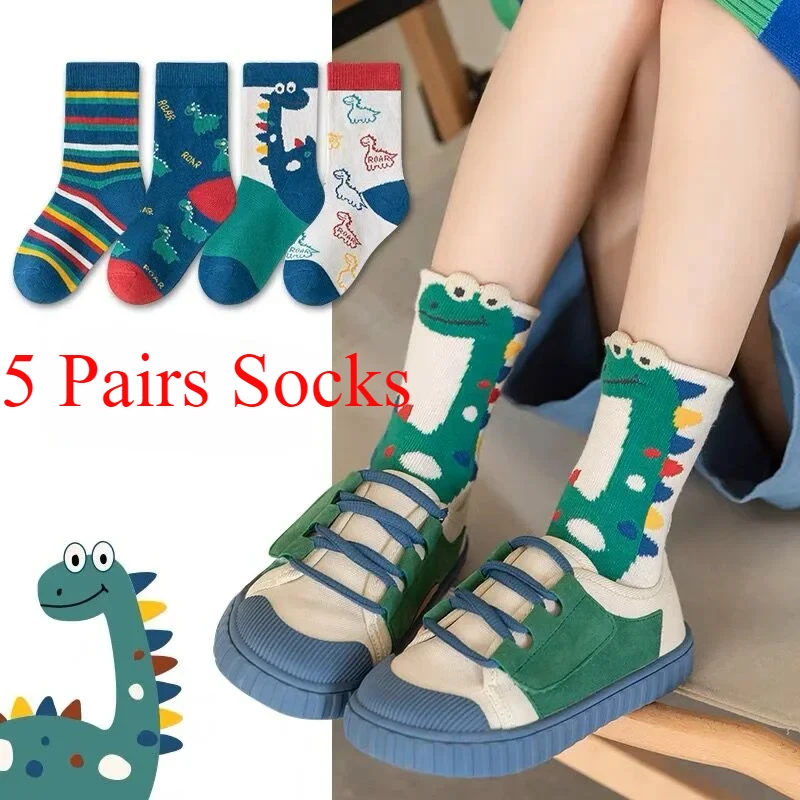 5 Pairs Children's Socks Mid-high Long Dinosaur Cartoon Design Boys Girls Baby Cartoon Socks Wholesale Autumn Winter New Style