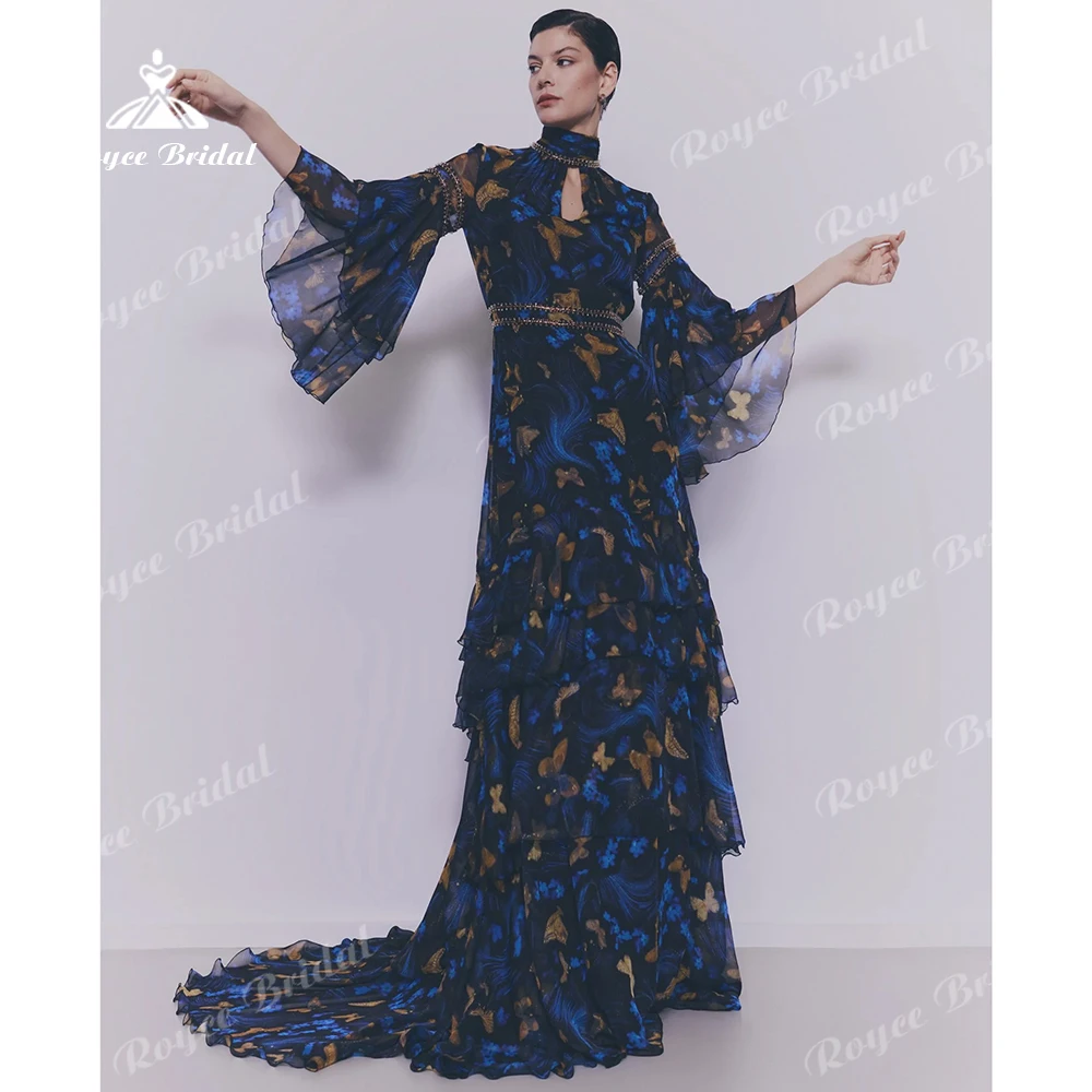 

Roycebridal A Line Tiered Tulle Floral Print Evening Dress 2026 High Neck Elegant Long Formal Dress For Women Customized