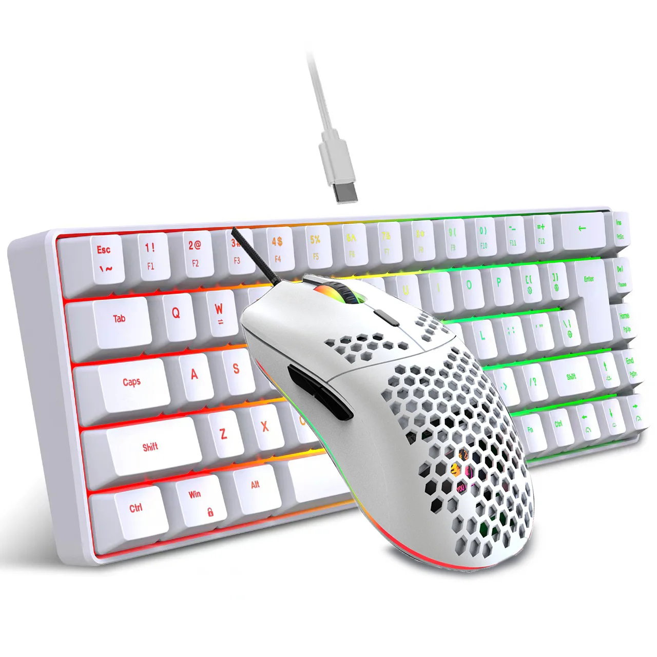 The HXSJ wired keyboard and mouse set, featuring a 68-key membrane keyboard, RGB lighting, USB plug-and-play functionality, is s