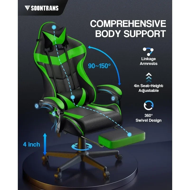 Soontrans Green Gaming Chair with Footrest,Racing Gaming Chair,Computer Gamer Chair,Ergonomic Game Chair
