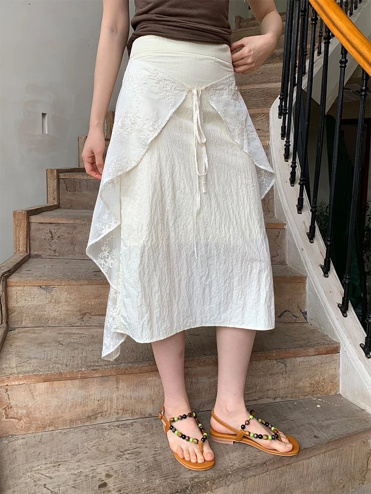 

Dorydory Lace Tie White Pleated f Skirt Thin A-Line Long Skirt Commute Sle High Waist Midi Pure Color Nylon Fiber