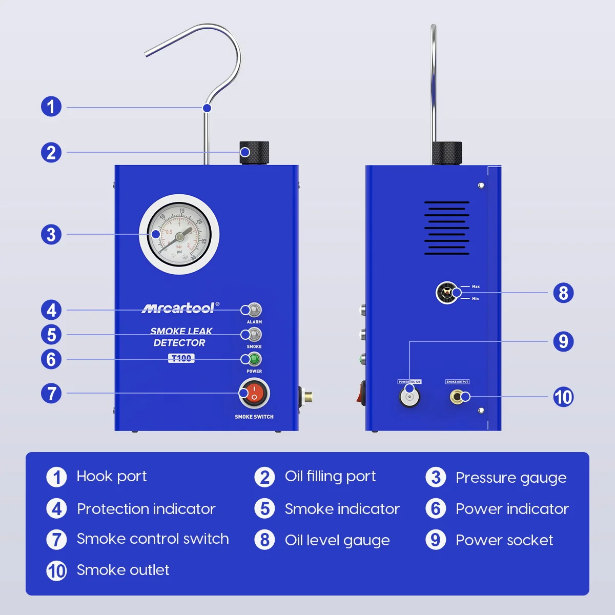 MRCARTOOL T100 Auto-Rauchmaschine Leckdetektor Generator Rohrlecksucher Druckanzeige Diagnosegerät PK AUTOOL SDT60 – Detail 8