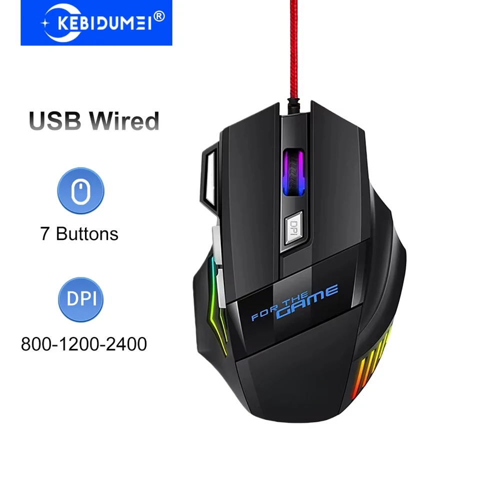 KEBIDUMEI 7 Buttons USB Wired Mouse RGB Backlit Mouse Ergonomic