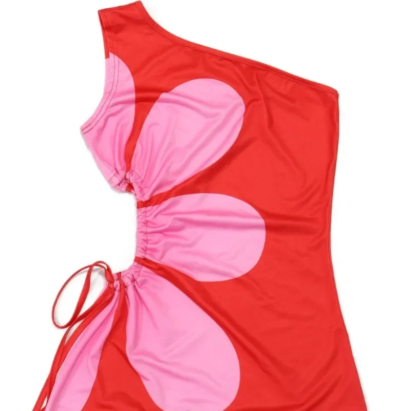 GUWU المرأة عباد الشمس المطبوعة انقطاع الخصر كتف واحد بلا أكمام فستان ماكسي نحيف مثير مساء نادي فساتين طويلة