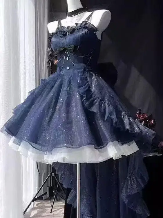 

Original Lolita Luxury Formal Dress Starry Sky Princess Dress Dark Glitter Tulle Puffy SlipJSK Dress Gothic Birthday Party Gown