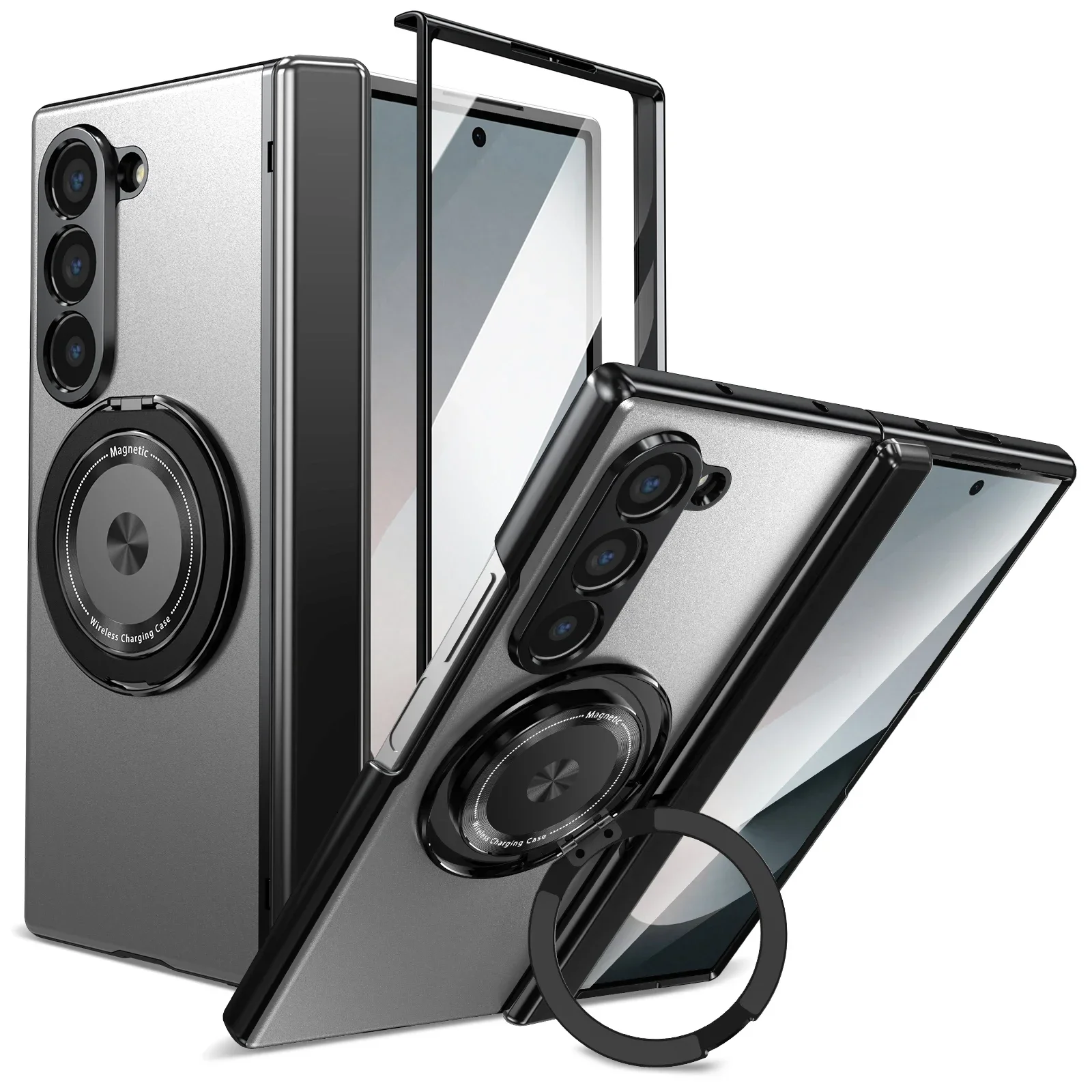 삼성 갤럭시 Z 폴드 7 6 5 4용 고급 마그세이프 마그네틱 브래킷 힌지 보호 폰 케이스 (스크린 강화유리 폴딩 커버 포함)