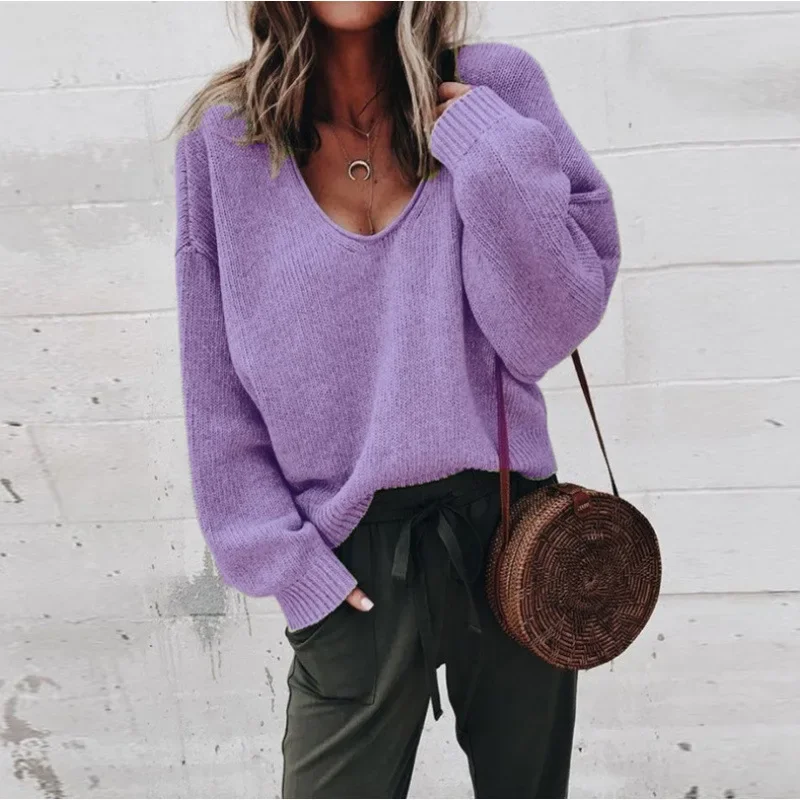 Basic Solid Color Top for Women, Loose V-Neck Knitted Sweater, Comfortable Long Sleeve Casual Pullover Everyday Wear