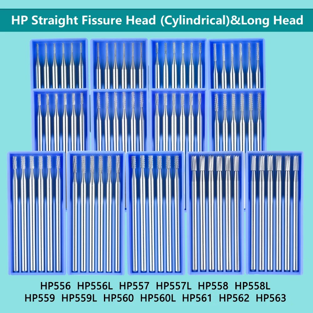 Bor gigi Tungsten Carbide, bor gigi Tungsten Carbide Burs kepala celah lurus HP Dia 2.35mm untuk hidung lurus kerucut alat dokter gigi 6 buah/kotak