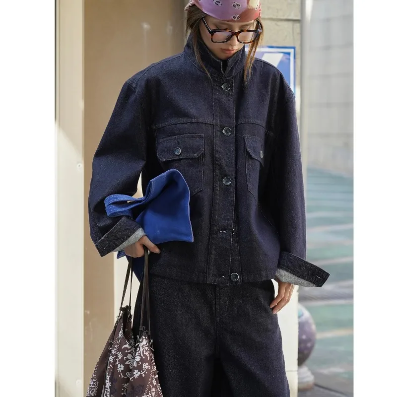 

Early autumn new Japanese fashionable retro lapel primary color denim jacket skinny wide and stylish coat