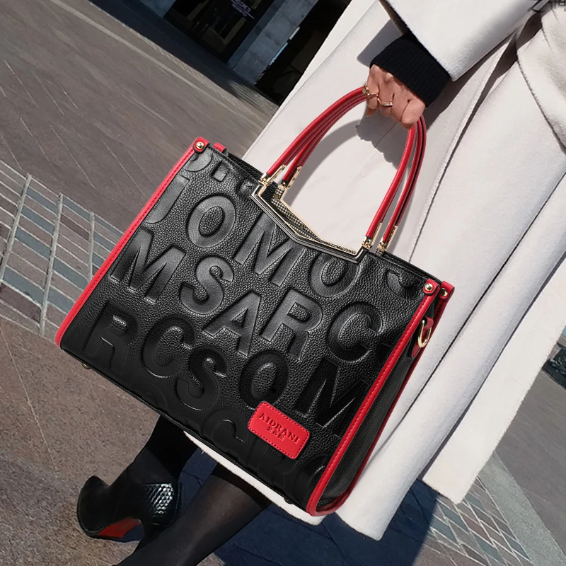 

Genuine Leather Cowhide Women's Handbag with Letter Pattern, Lychee Texture, Tote Style, Large Capacity, Shoulder Bag, Travel