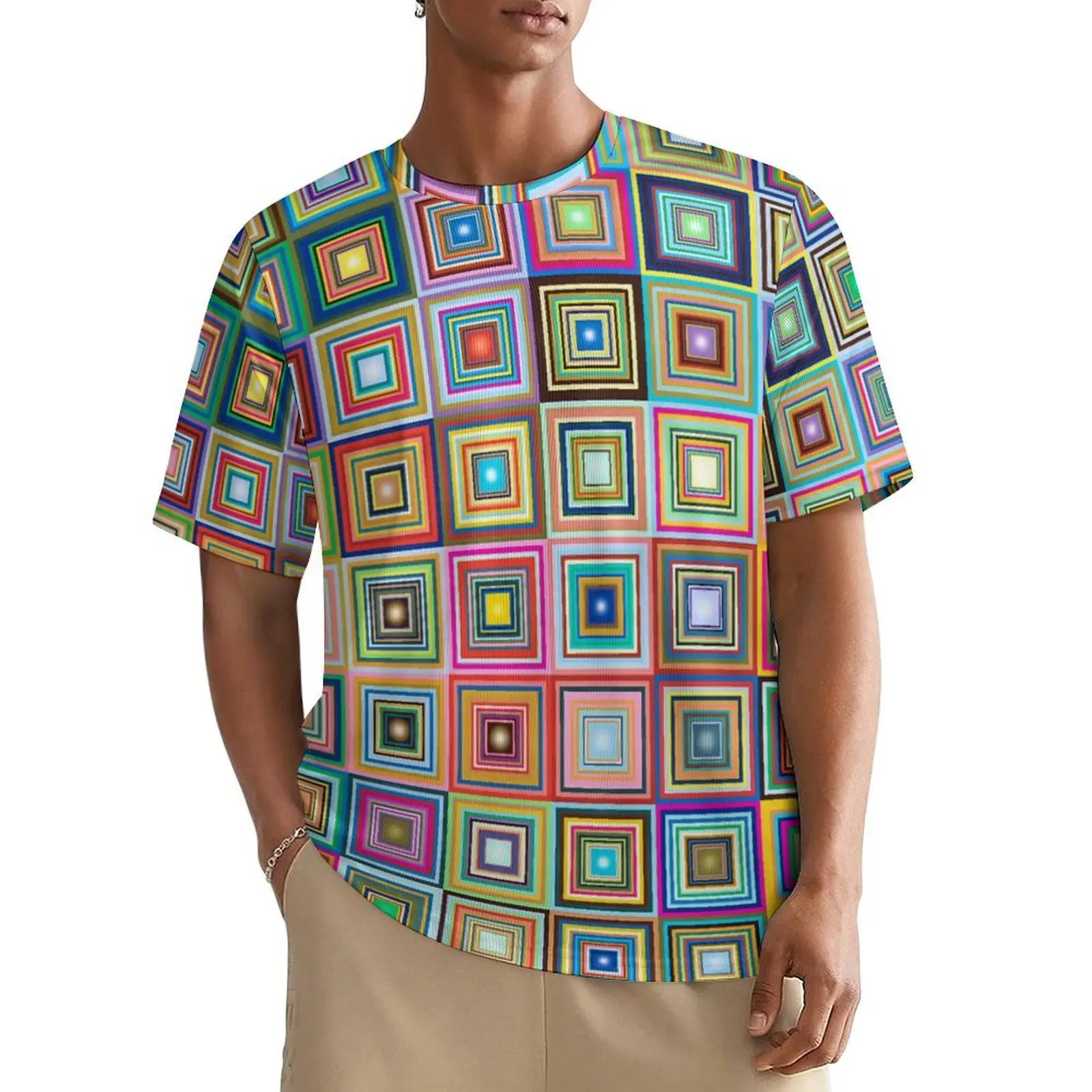 Fun Retro Square T Shirt For Male Colorful Tiles Custom O Neck T Shirts Summer Vintage Clothing Y2K Oversized Tees Birthday Gift