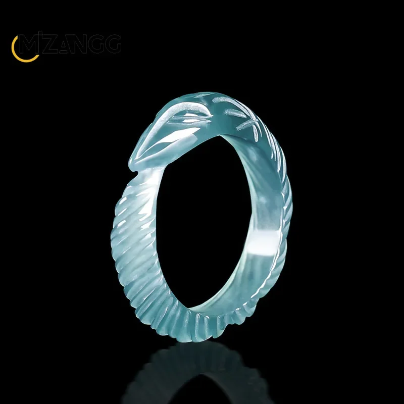 

High-grade Natural Jadeite Blue Water Nine-tailed Fox Ring Three-dimensional Carving Ice Jade Men and Women Ring Fashion Gift