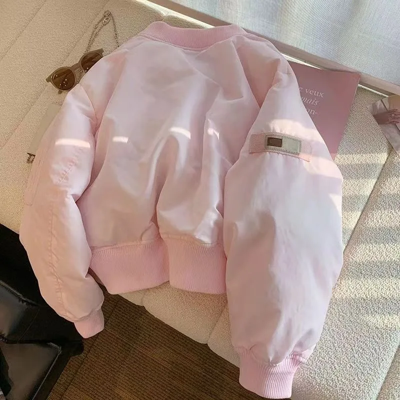 Women's Clothing Pink Stand-up Collar Thicken Baseball Jacket Short Top Outerwear Petite Autumn Winter New Sweet Parkas