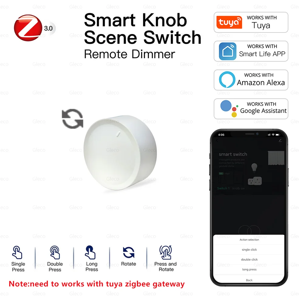 

Tuya ZigBee Smart Knob Switch DIY Wireless Rotatable Scene Button Smart Home Automation Dimmer Switch Smart Life Linkage Remoter