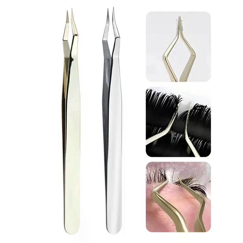 High Precision Nail Art Makeup Beauty Tools Lash Extension Tweezers Anti Slip Stainless Steel Curved Tip Straight Tweezers