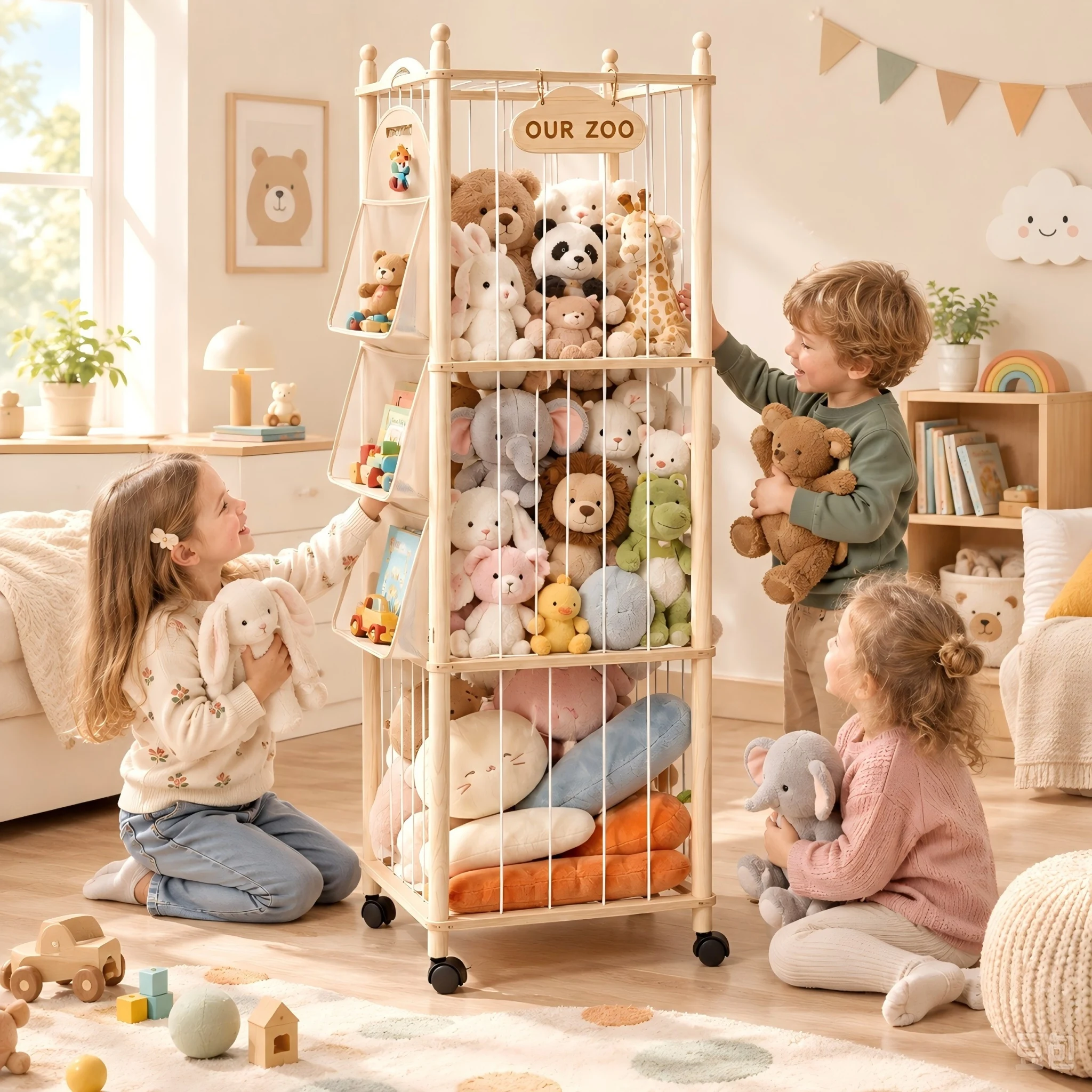 Rangement pour animaux en peluche sur le thème du zoo, présentoir en bois pour animaux en peluche avec roulettes verrouillables, organisateur de jouets 2-en-1 de grande capacité avec poche latérale à 3 niveaux en maille, plaque nominative personnalisable, solution de rangement peu encombrante pour animaux en peluche, idéal pour la chambre d'enfant.