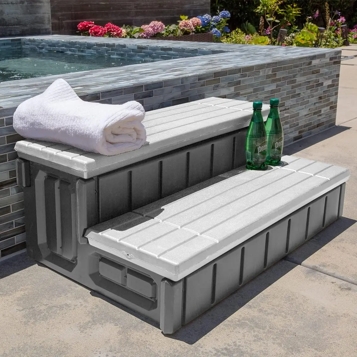 Two Tier Hot Tub Steps With Storage Non Slip Pool Step Ladder Outdoor Spa Steps Waterproof Fully Sealed Entry Stairs For Spa Patio Deck Backyard,