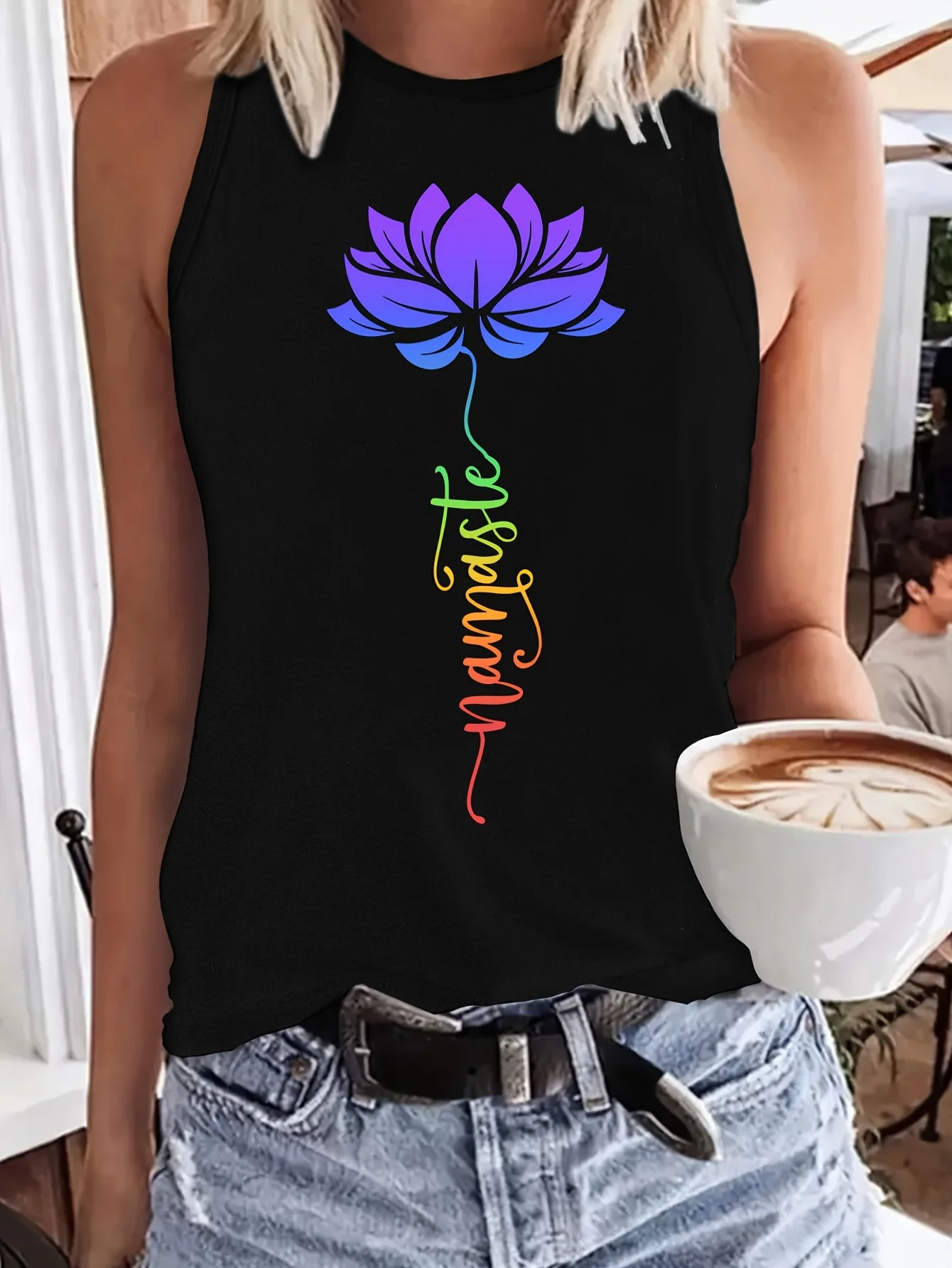 Namaste Lotus Flower Meditation Print Women's Fashion Tank Tops Funny Graphic Crew Neck Sleeveless T Shirt Clothes Ladies Vest