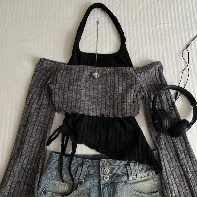 

2025 Loose Knit Tops Clothes Street Punk Long-sleeved T-shirts Plus Size Knitted Set Women's Long Sleeve Top And Half Skirt