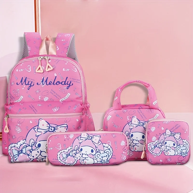 Hello Kitty 4pcs Backpack Set - Adjustable Straps, Zip Closure, Anime Print Design with Crossbody Bag, Pencil Case & Coin Purse