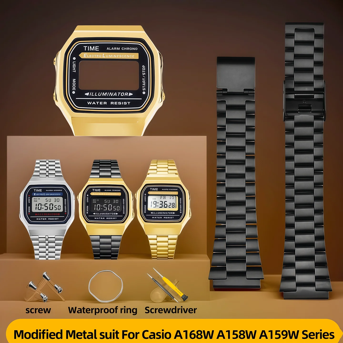 

Modified Metal suit For Casio Watch small square A168W A158W A159W Series Stainless steel case+strap Watch accessorie With tools
