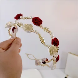 Ladies Luxurious Elegant Rose Vine Headband Hair Accessories Headdress Girls Vintage Metal Flower Red White Rose Tiara Hairbands