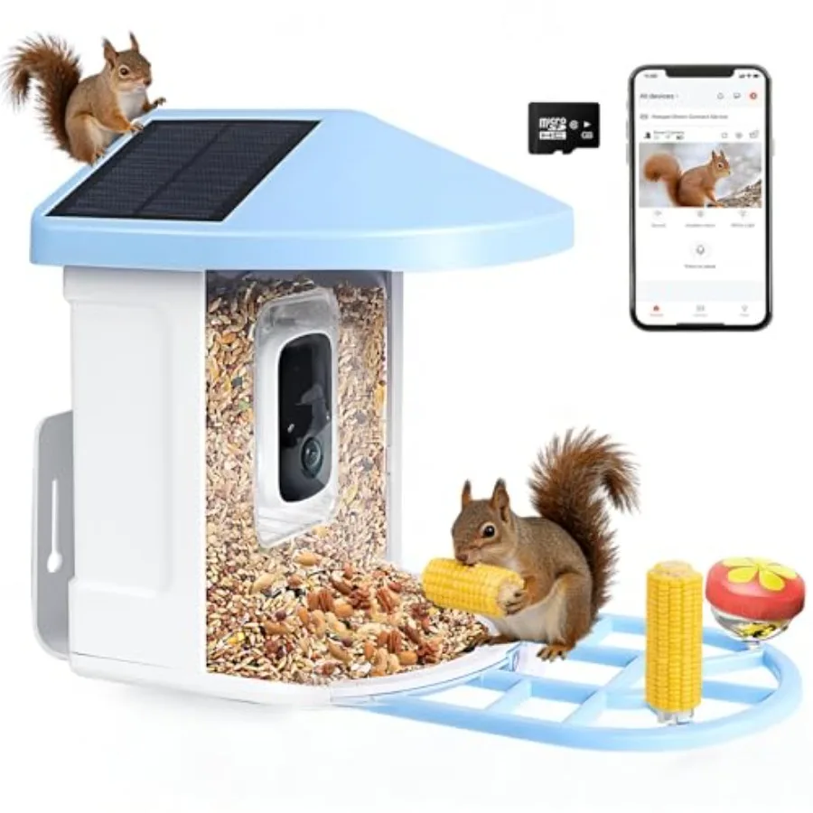 

Solar-powered squirrel feeder with camera for outdoor use ABS plastic body in gray and white AI bird species identification 108