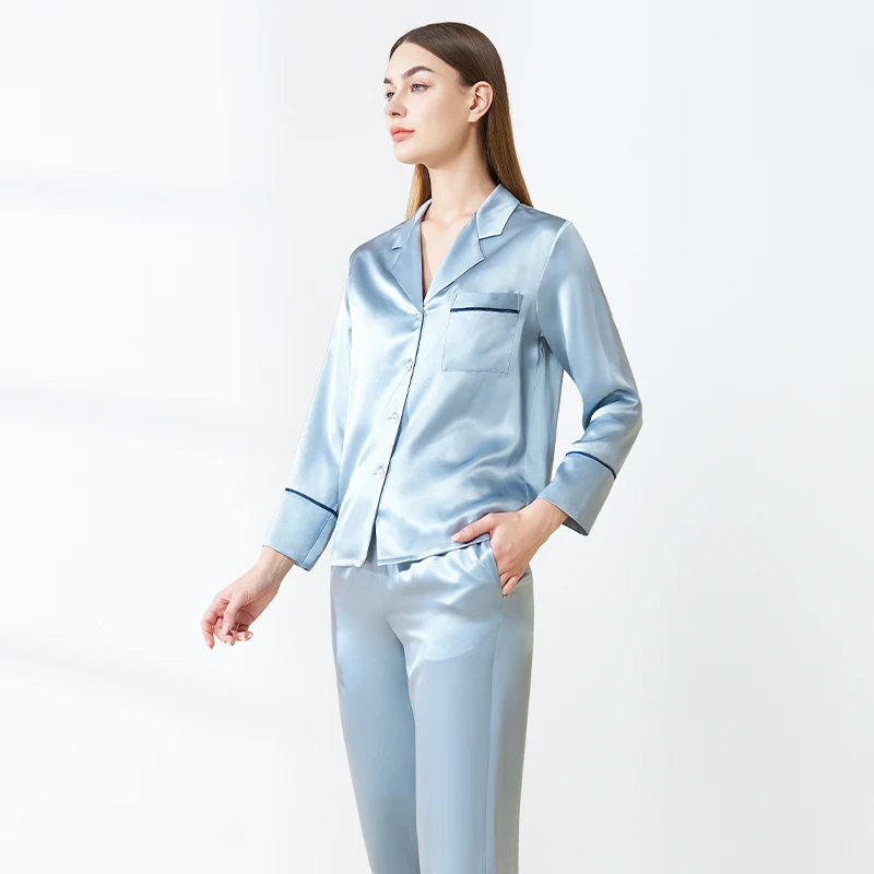 

19MM Heavy Mulberry Silk Nightwear Pajamas Set Lapel Casual Long Sleeve Cardigan and Trousers Pajama Loungewear Button Sleepwear