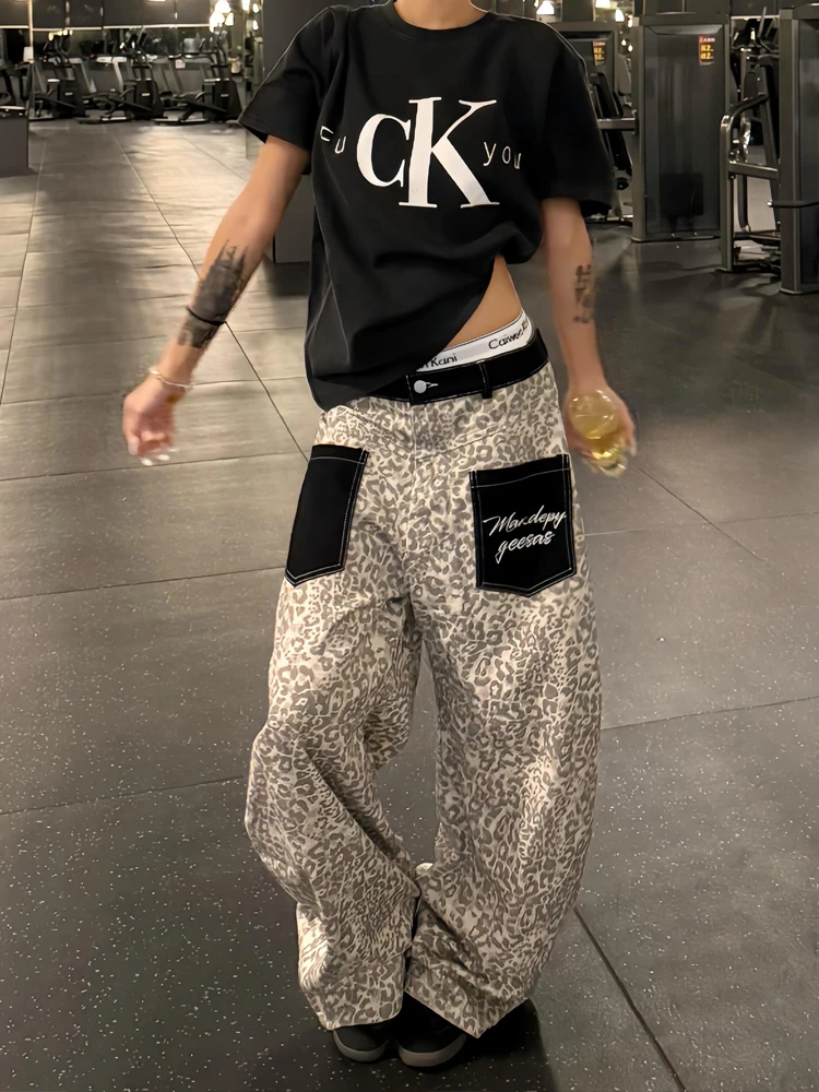 

American Retro Leopard Print Wide Leg Jeans Women's Summer Loose Slimming Long Pants High Waist Denim Soft Fabric Four Seasons