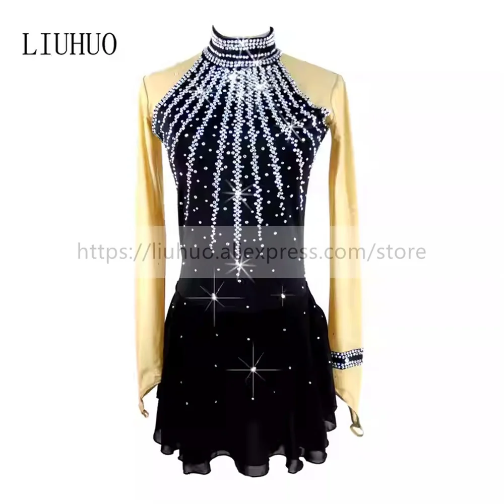 LIUHUO Women Aldult Girl Customize Costume Performance Competition Leotard Ice Figure Skating Dress Dance Teen Black Children