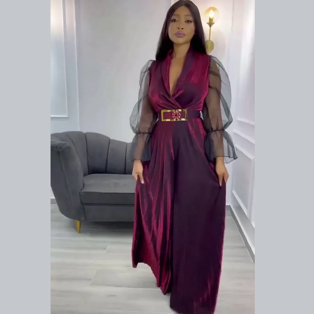 الأزياء المخملية مطوي بذلة واسعة الساق الخامس الرقبة حزام شبكة كم