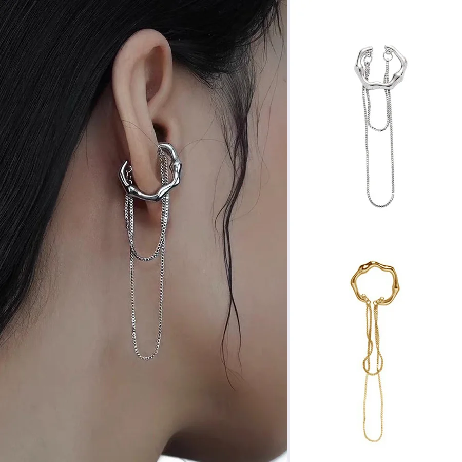 Irregular Tassel Chain Kpop Ear Clips Without Hole Earring for Women 1PC Designer Ear Cuff Sweet Cool Girlish Gift Jewelry EF026