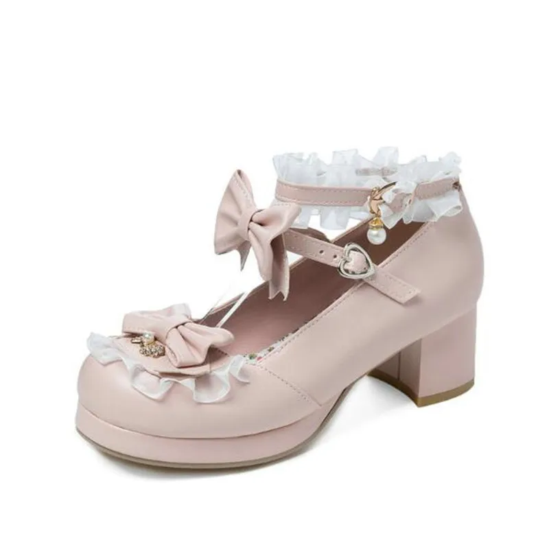 Girls Shoes Sweet Lolita Ruffles Bowknot Lace Bridal Wedding Shoes Women High Heel Bordered Princess Dress Party Shoes Size30-43