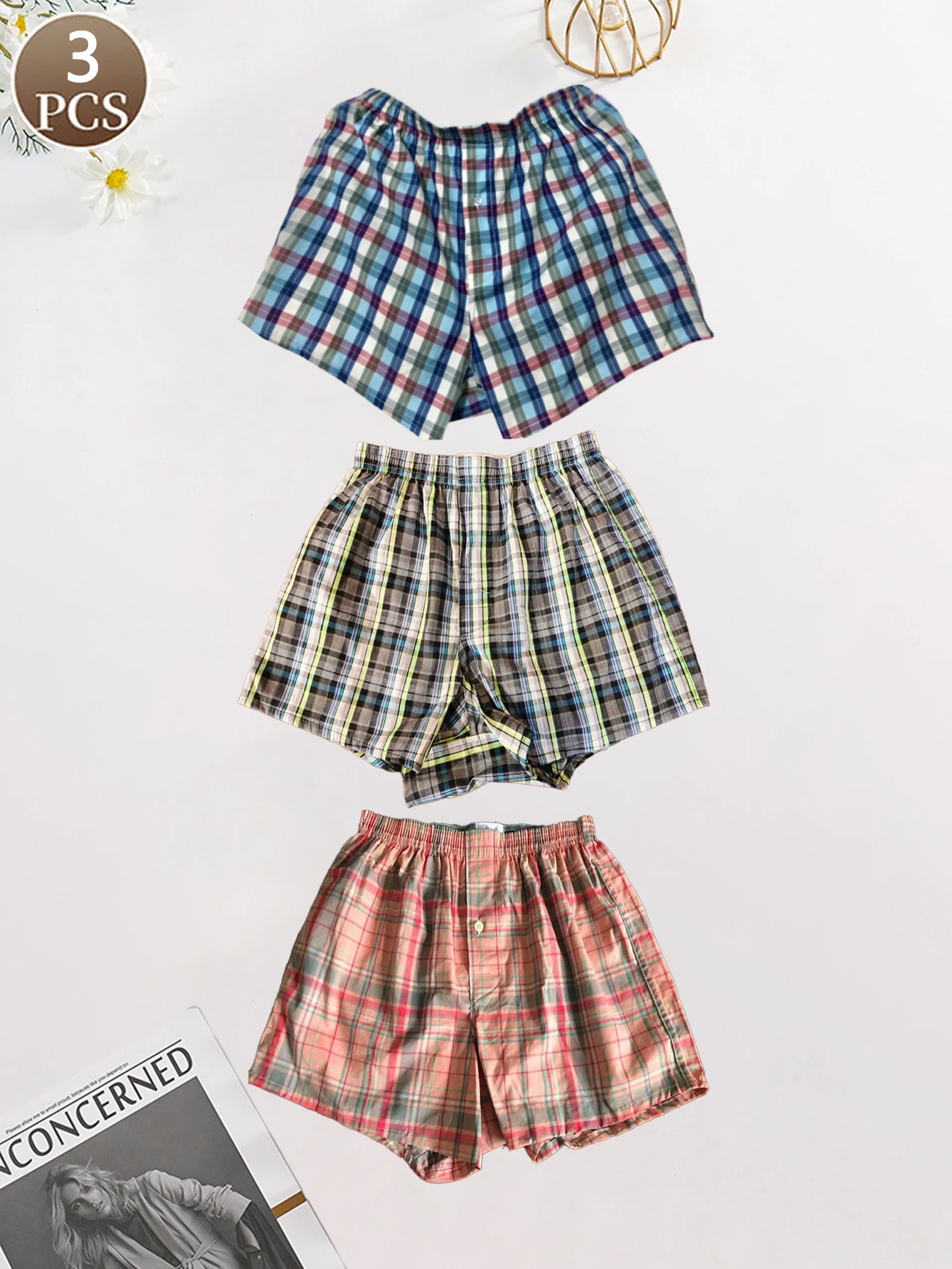 

3PCS Plaid casual comfortable minimalist sports basic Men's low waist breathable loose quick drying flat corner pants