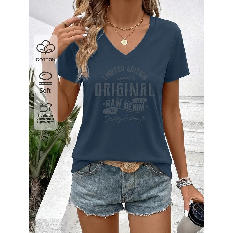 Women's V-Neck Short Sleeve T-Shirt, ORIGINAL 1973 Distressed Denim Style English Print, Soft, Skin-Friendly, Breathable
