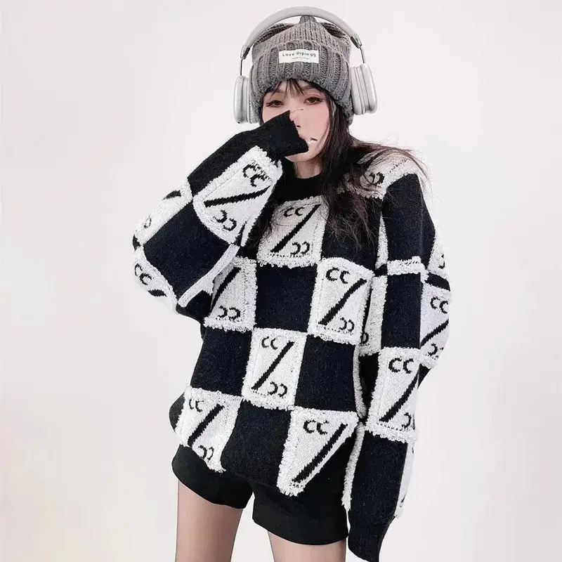 

Plaid Sweater Dresses O-neck Women Clothing Fashion Pullover Loose Knitting Femme Casual Korean Pullovers Mid Length Top Thick