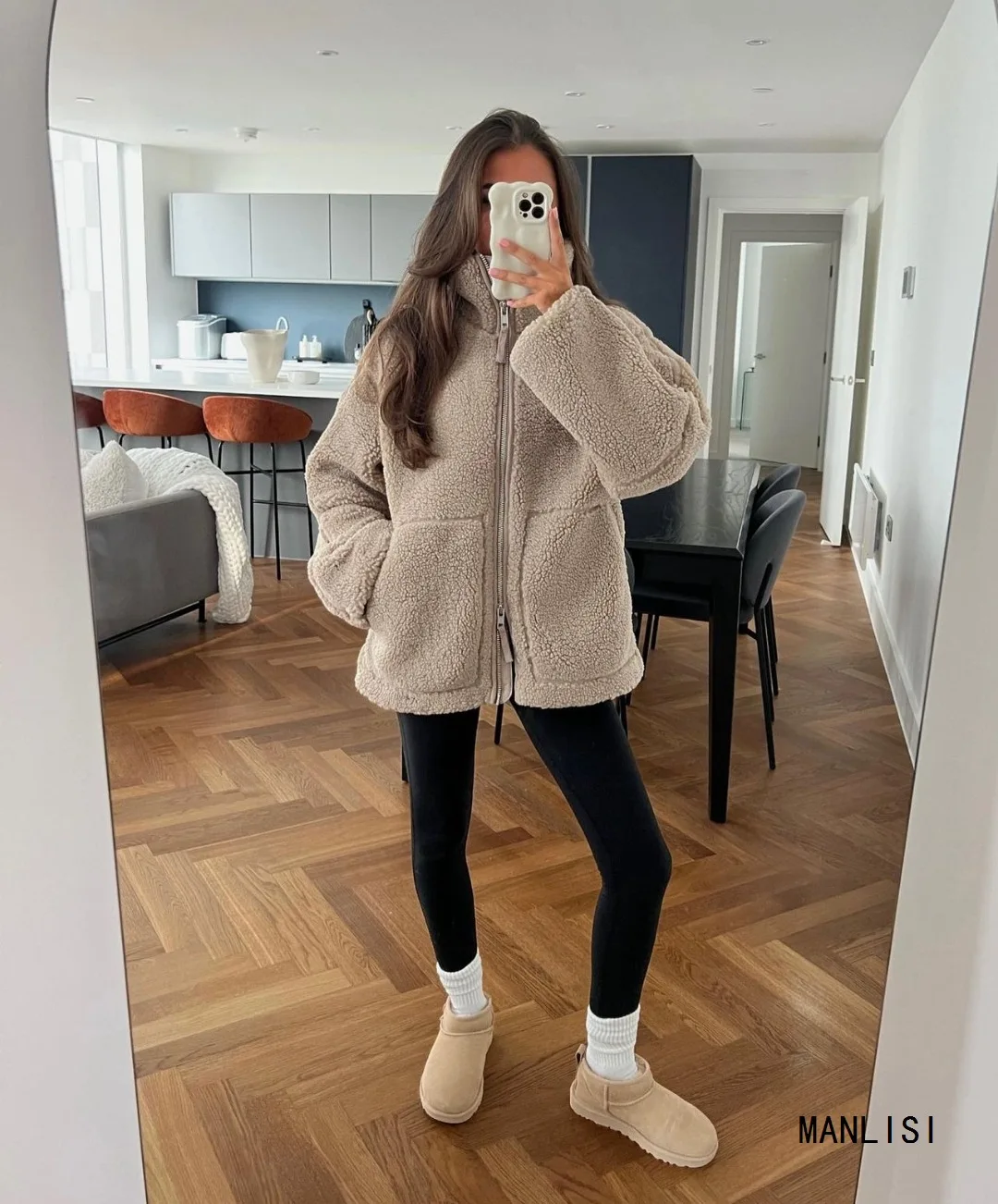 Elegant Solid Lamb Wool Warm Coat Women Fashion with Pocket Zipper Long Sleeves Jackets 2023 Autumn Casual High Street Outwear
