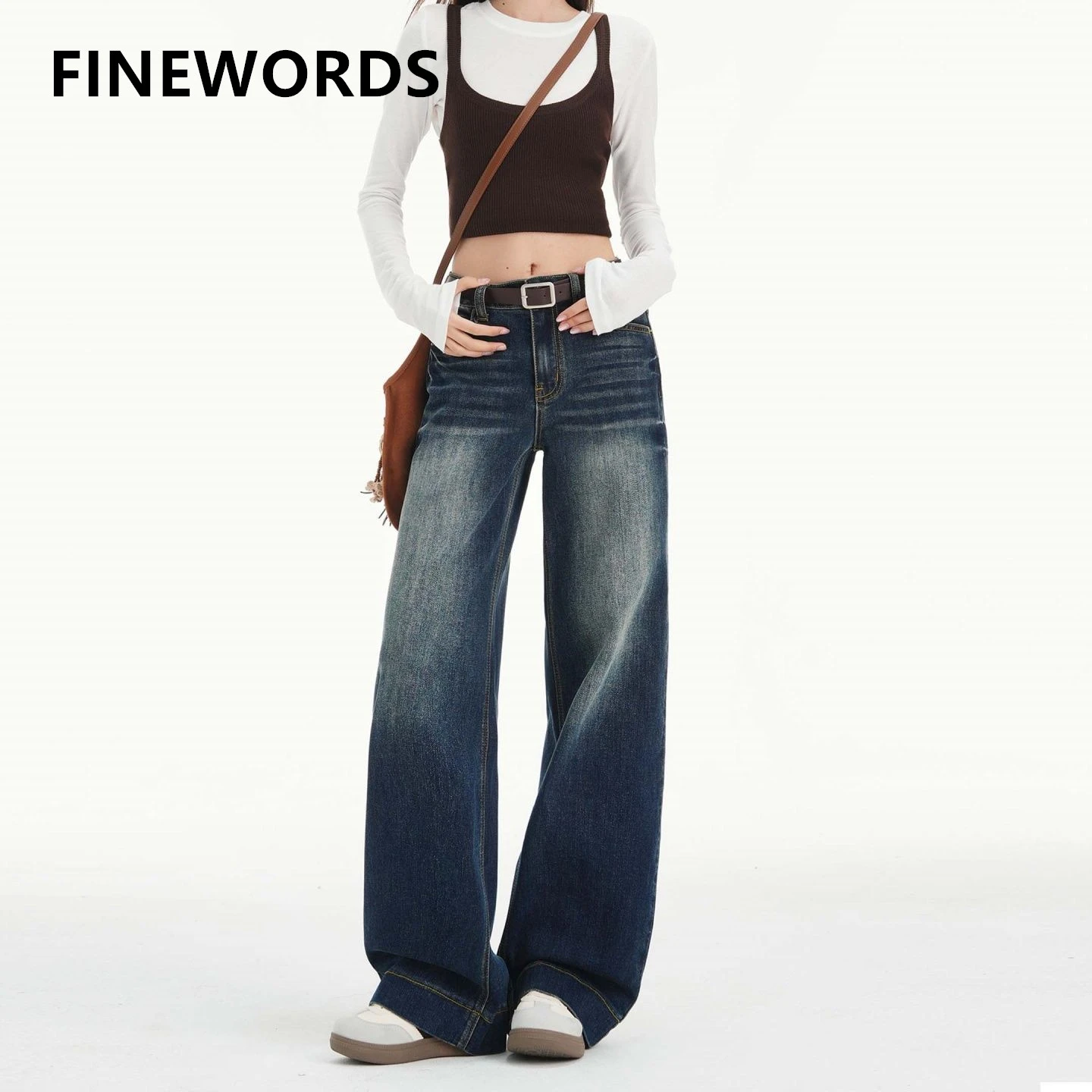 

Женские джинсы FINEWORDS в стиле ретро, широкие, с высокой талией, свободного кроя, из денима, уличная мода, полная длина