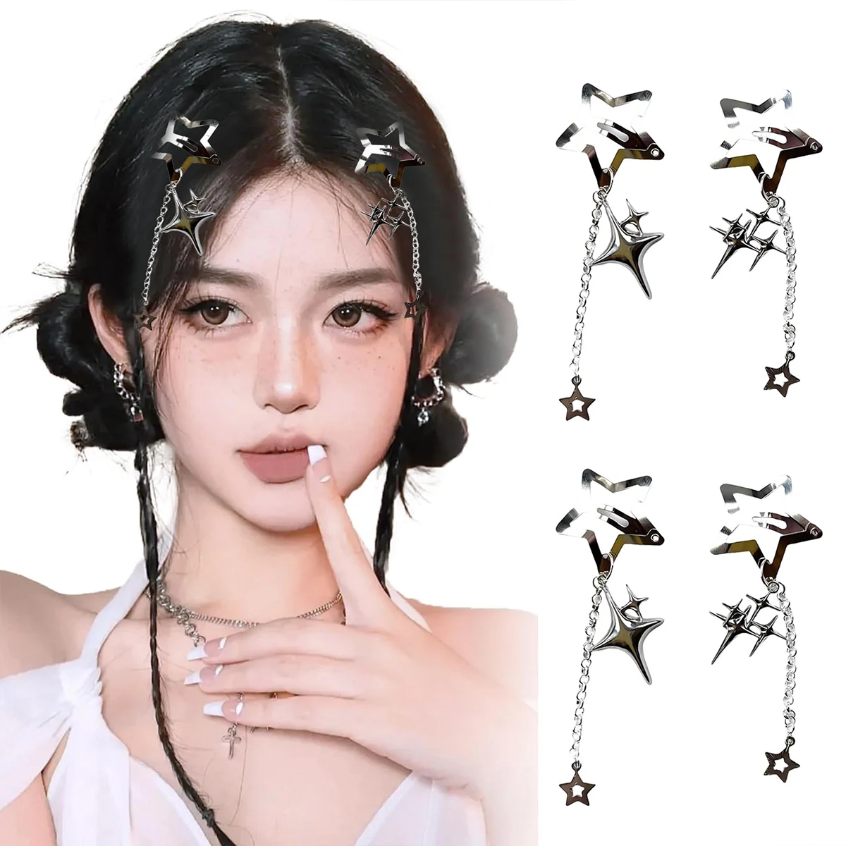 Stern-Haarspangen, niedliche Y2K-Damen-Accessoires, langlebiges Metall, glitzernde Snap-Clips, Haarspangen, Stern-Pony-Clips, seitliche Clips – Detail 1