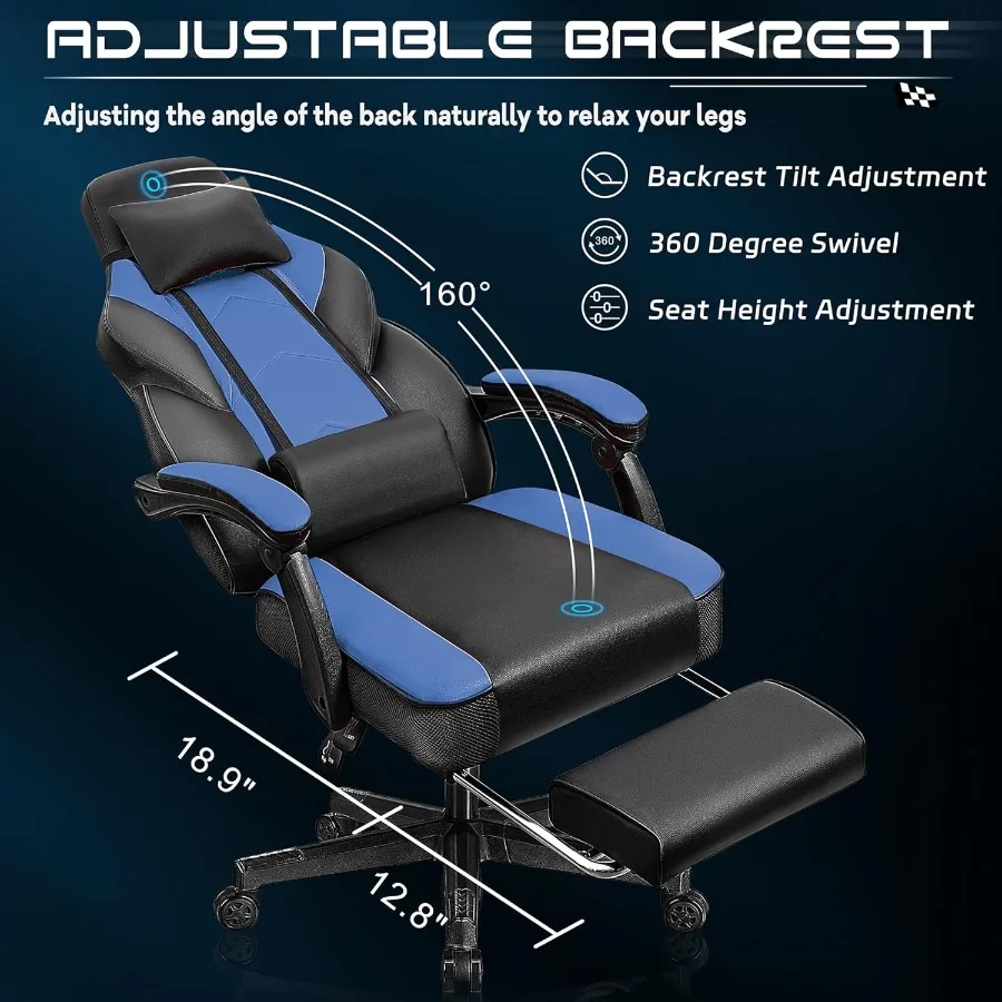 كرسي ألعاب مريح للبالغين مع مسند قدم بارتفاع قابل للتعديل ودعم قطني ومقعد دوار 360 درجة ومسند رأس مصمم