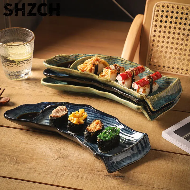 Japanese shaped long plate, ceramic dim sum Western plate, creative snack sushi plate