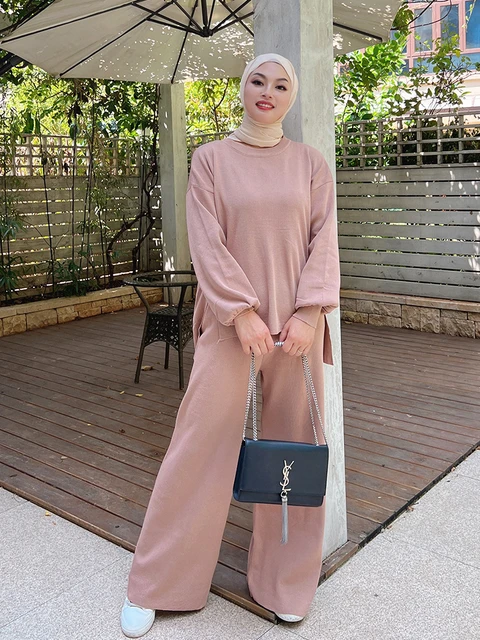 Autumn Winter Knitted 2 Piece Matching Outfits Muslim Sets Loose Pullover Knitwear wide Leg Pants Dubai Turkish Modesty Casual Muslim Sets AliExpress