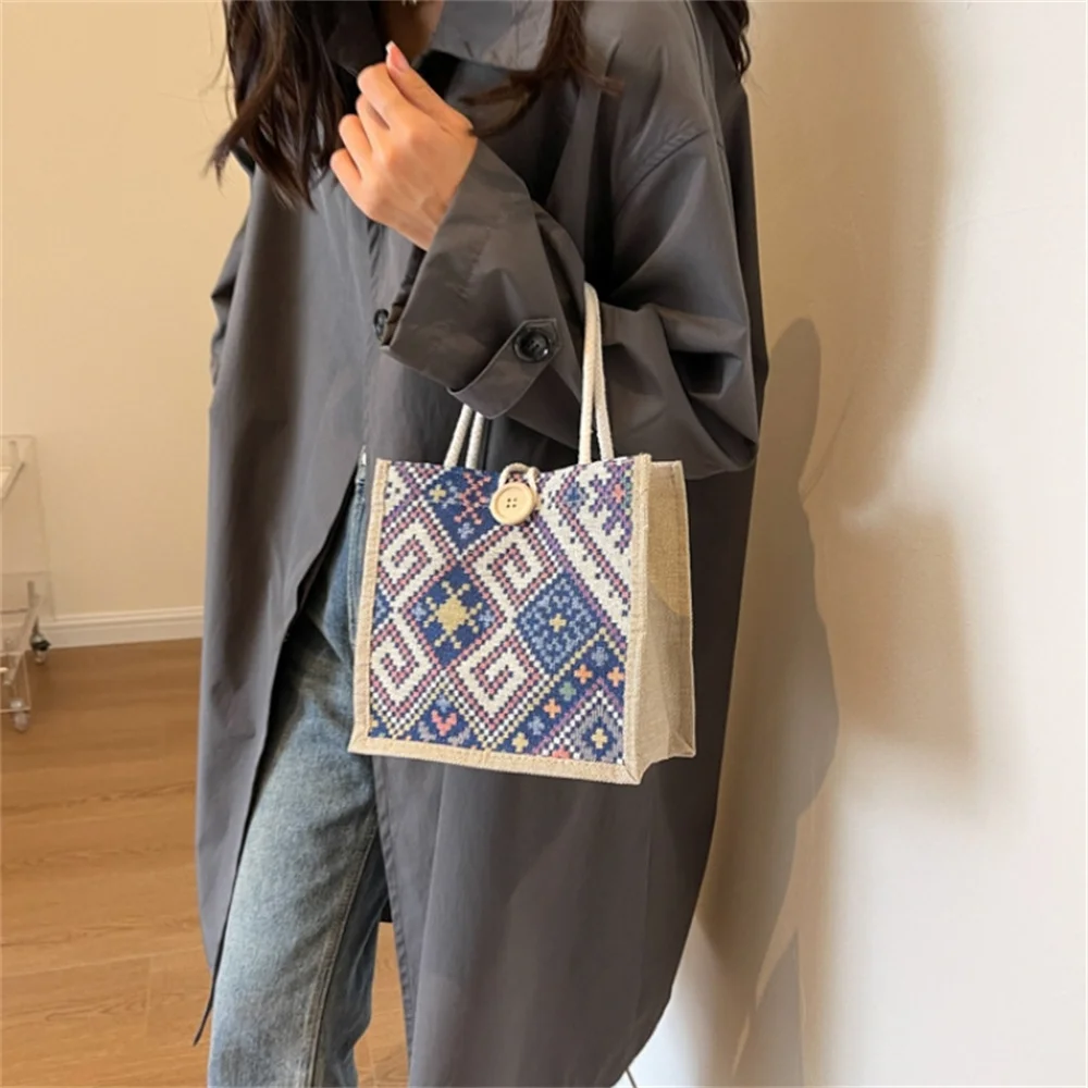 Linen Bag Women Ethnic Patterns Handbag Eco-friendly Grocery Bag Gift Bag with Handle Casual Button Tote Bag Portable Pouch New