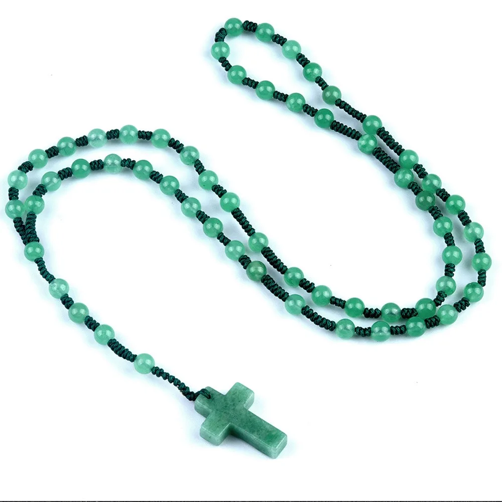 

Natural Healing Crystal Bead Cross Pendant Reiki Rosary Amulet Hand Woven Rope Chakra Gemstone Jewelry for Women and Men