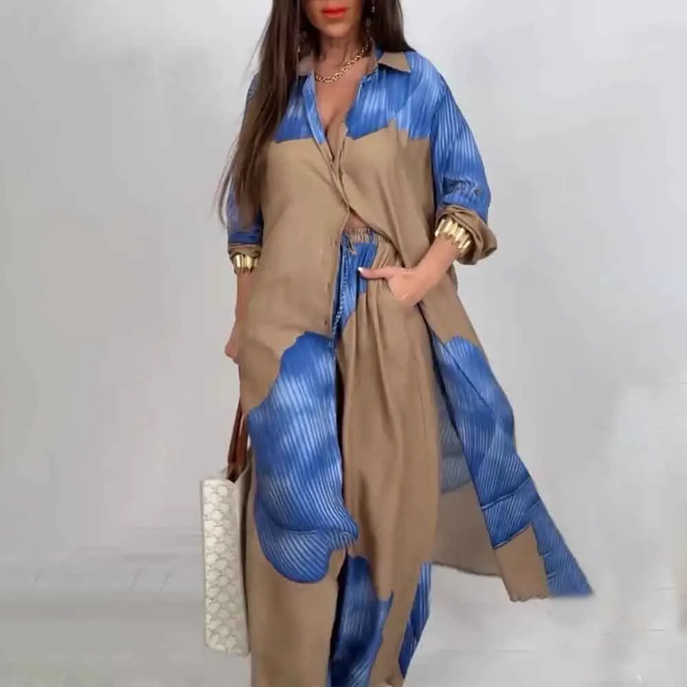 

Casual Loose Printed Shirt Wide-leg Pants Two-piece Sets Women Elegant Button Long Shirt Suit Spring High-waist Pants Outfits